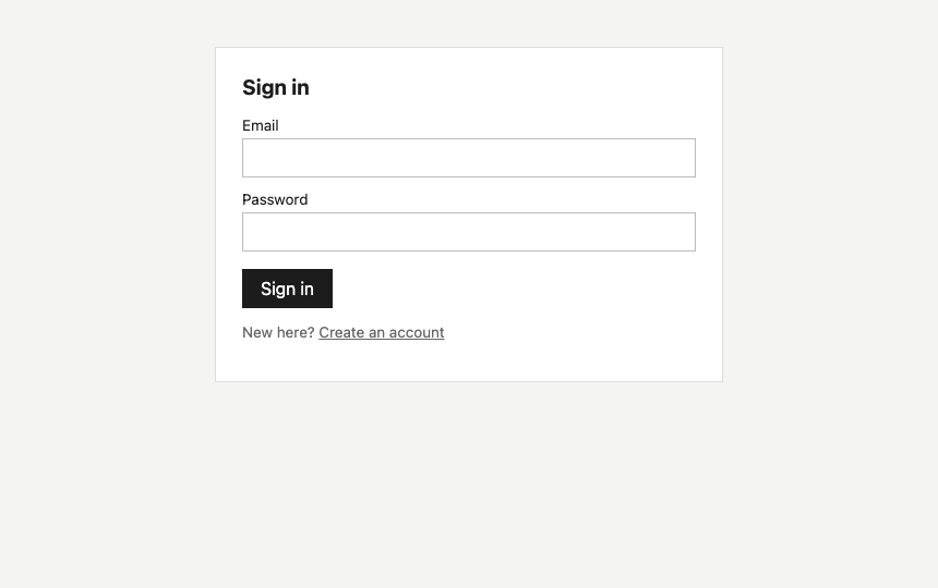 The rendered sign-in page: email and password fields with a create-account link