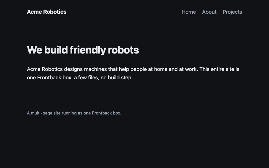 The rendered company site: a shared header with Home, About and Projects pages