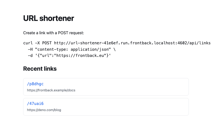 The rendered shortener index: a curl recipe and the list of recent short links